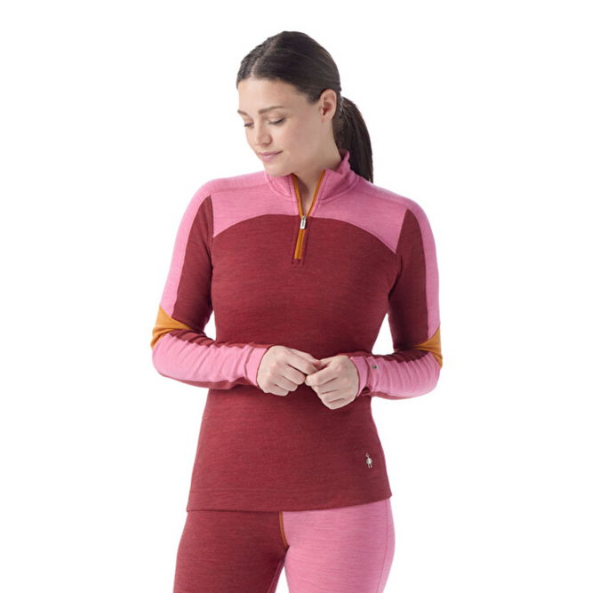 Womens Classic Thermal Merino Colorblock Baselayer 1/4 zip Currant Garden Pink